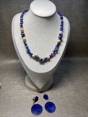 Vintage Chile 925 Lapis Lazuli Inlay Earrings & Necklace Set Sterling Silver Ar